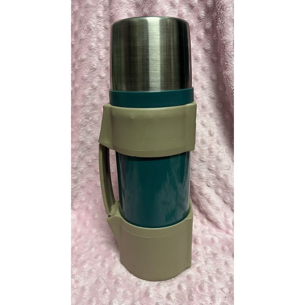 Vintage Thermos Stopper #650 Turquoise Metal Vacuum Bottle w/Plastic Carrier